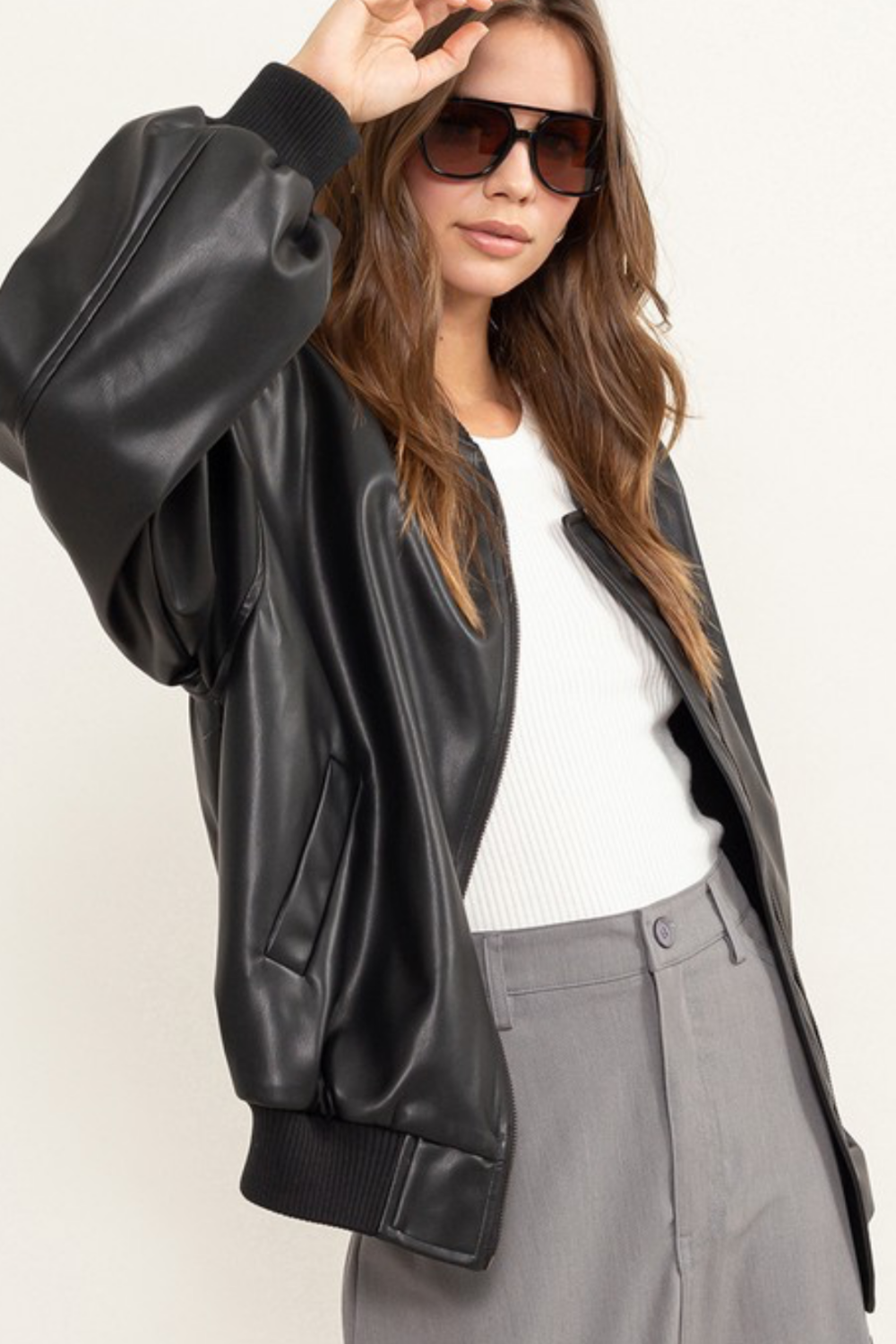 KENDALL FAUX LEATHER OVERSIZED BOMBER JACKET - cedes