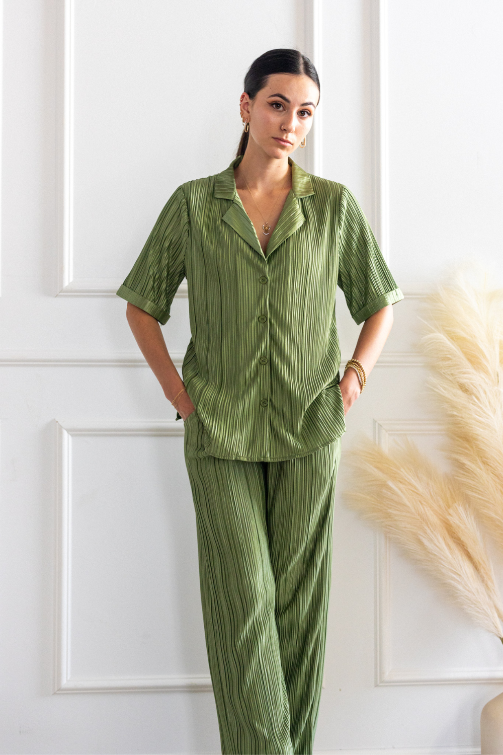 OUT THE DOOR MATCHA GREEN PLISSE SET - cedes